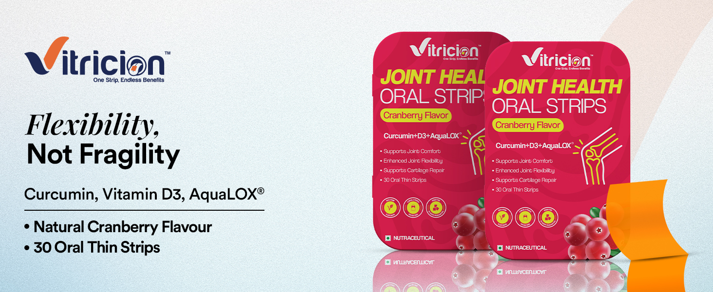Vitricion Joint Support Oral Strips 30 Fast Dissolving Oral Thin Strips Vegan, Non-GMO Strips with Curcumin, Vitamin D3 & AquaLOX | Supports Joint Health, Mobility & Flexibility | Plant-Based Cranberry Flavour