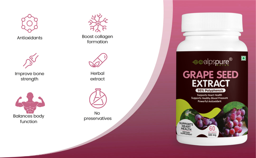 Alpspure Nutra Grape Seed Extract Tablets 500 mg | Supports Heart Health | Supports Healthy Blood Pressure | Powerful Antioxidant Supplement | 60 Tablets (Pack of-1)