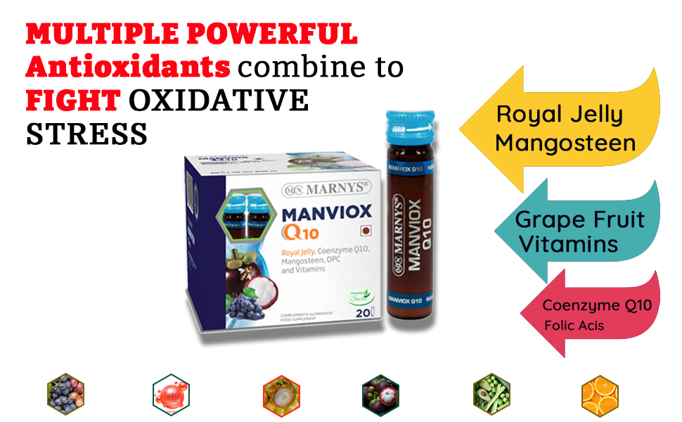 Marnys Manviox Q10 | Premium Antioxidant, anti-ageing and fertility support supplement for both men & women with Co-enzyme Q10, Royal Jelly,vitamins, folic acid & Biotin| 20 drinkable vials