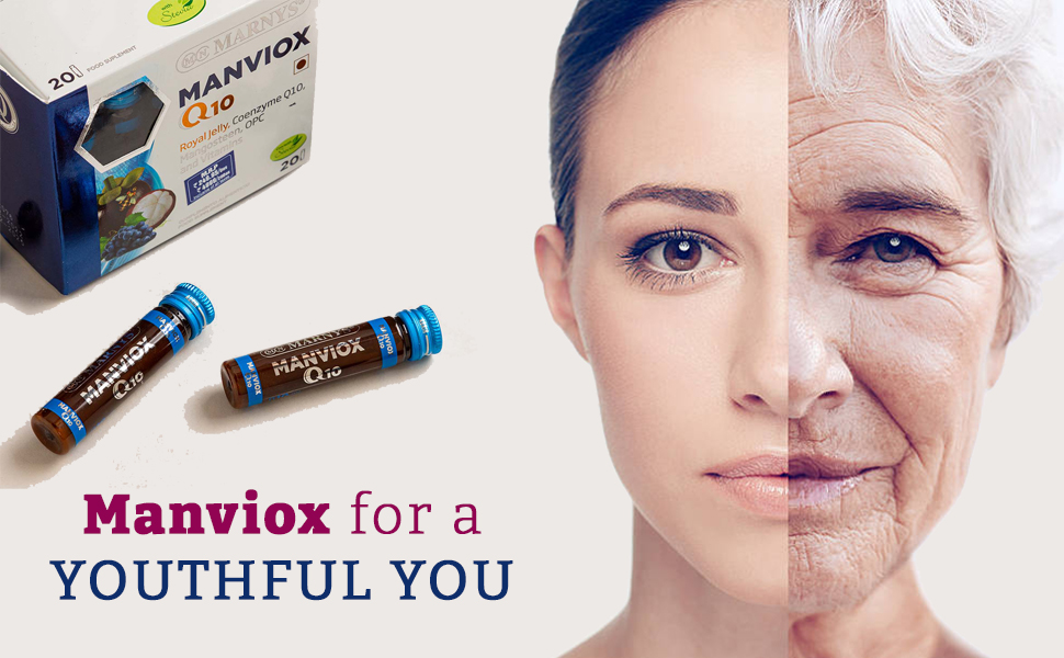 Marnys Manviox Q10 | Premium Antioxidant, anti-ageing and fertility support supplement for both men & women with Co-enzyme Q10, Royal Jelly,vitamins, folic acid & Biotin| 20 drinkable vials