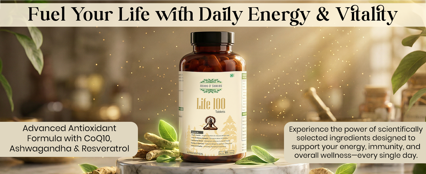 Herbs O' Shrubs Life-100 Antioxidant Support Tablets -30 Count | Daily Energy with CoQ10, Ashwagandha, Spirulina, Resveratrol & L-Carnitine | Immunity Boost | Slow Down Aging for Men & Women