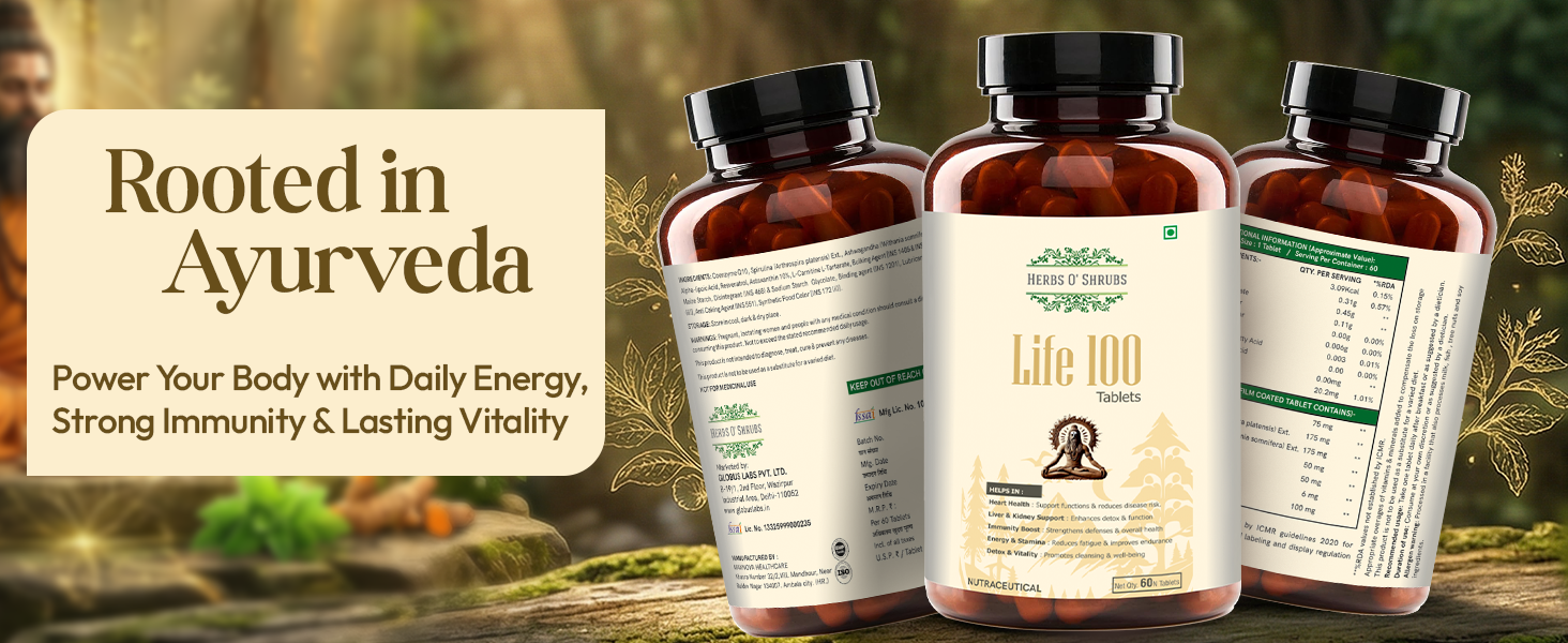 Herbs O' Shrubs Life-100 Antioxidant Support Tablets -30 Count | Daily Energy with CoQ10, Ashwagandha, Spirulina, Resveratrol & L-Carnitine | Immunity Boost | Slow Down Aging for Men & Women