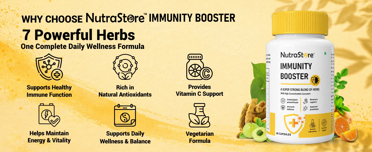 NutraStore Immunity Booster for Men & Women | Curcumin, Giloy, Amla, Moringa, Ginger, Orange & Piperine | Daily Health Supplement | 60 Capsules
