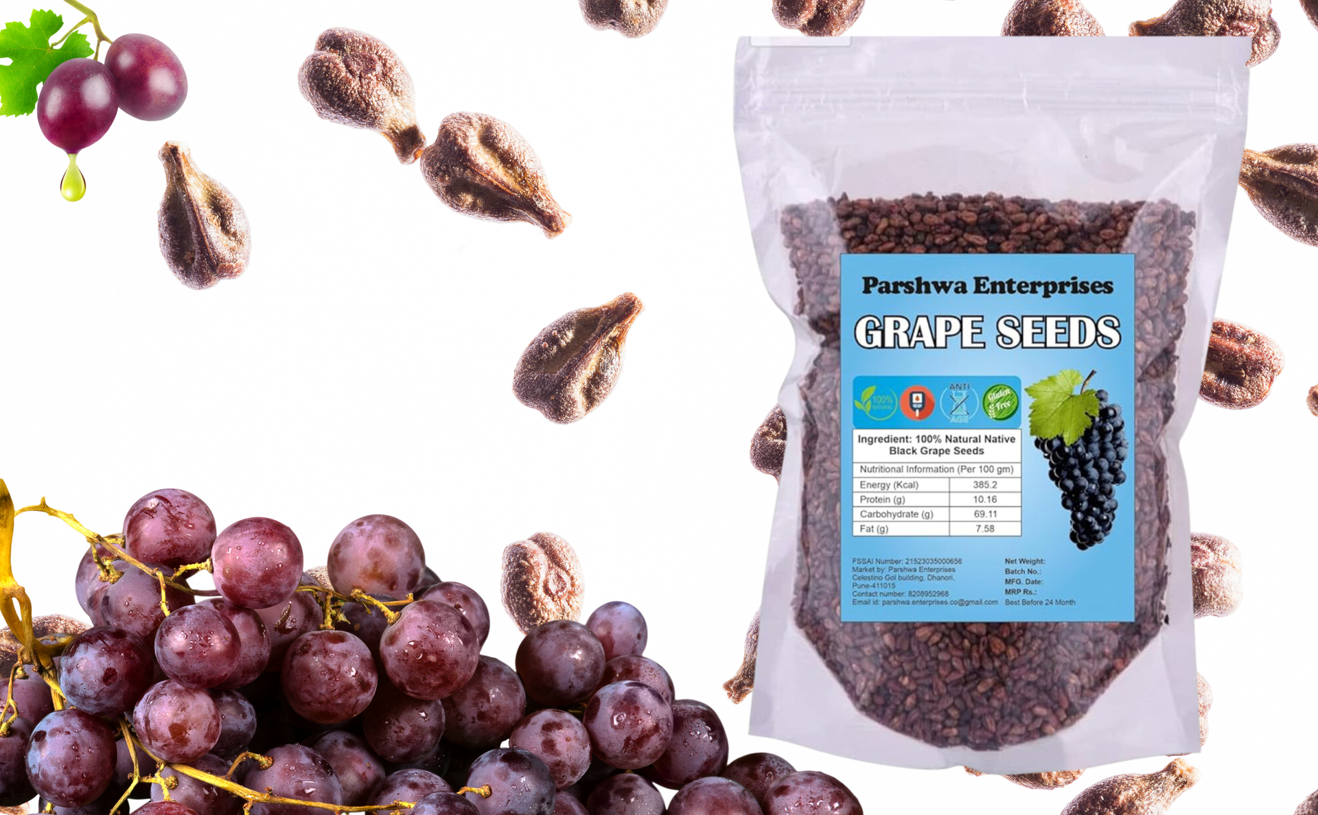 Parshwa Grape Seed Angur Beej Grape Seeds - 250 Gm | Medium Pack | Good for health and skin | Grape seed organic | Natural qualities | Pack of 1