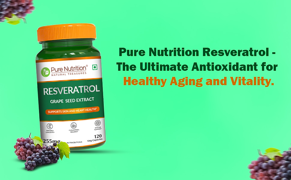 Pure Nutrition Resveratrol 255mg | Resveratrol Supplements with Grape Seed Extract | Antioxidant Support for Heart, Skin & Immunity | Supports Healthy Aging & Cellular Health | 120 Veg Capsules
