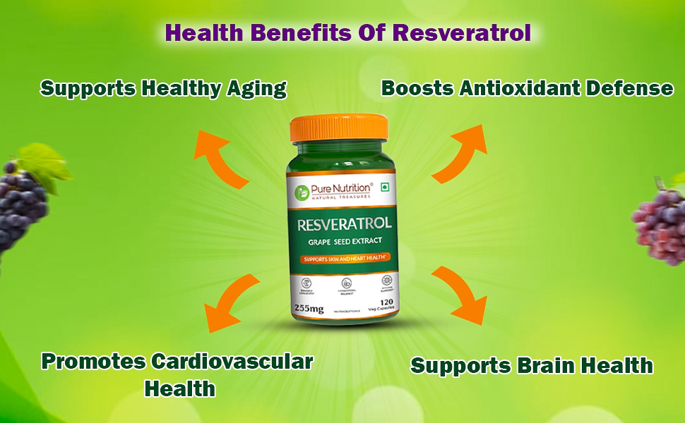 Pure Nutrition Resveratrol 255mg | Resveratrol Supplements with Grape Seed Extract | Antioxidant Support for Heart, Skin & Immunity | Supports Healthy Aging & Cellular Health | 120 Veg Capsules