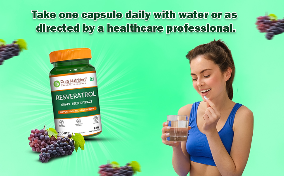 Pure Nutrition Resveratrol 255mg | Resveratrol Supplements with Grape Seed Extract | Antioxidant Support for Heart, Skin & Immunity | Supports Healthy Aging & Cellular Health | 120 Veg Capsules