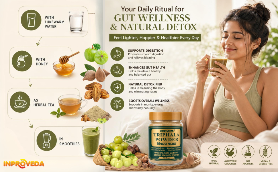 Inproveda Triphala Powder 120gm | Traditional Ayurvedic Churna for Digestion, Detox, Constipation & Colon Cleanse | Pure Amalaki, Bibhitaki & Haritaki | Natural Gut Health Supplement | No Preservatives, Colors or Flavors | Boost Immunity, Anti-Oxidant Triphala Powder - 120gm