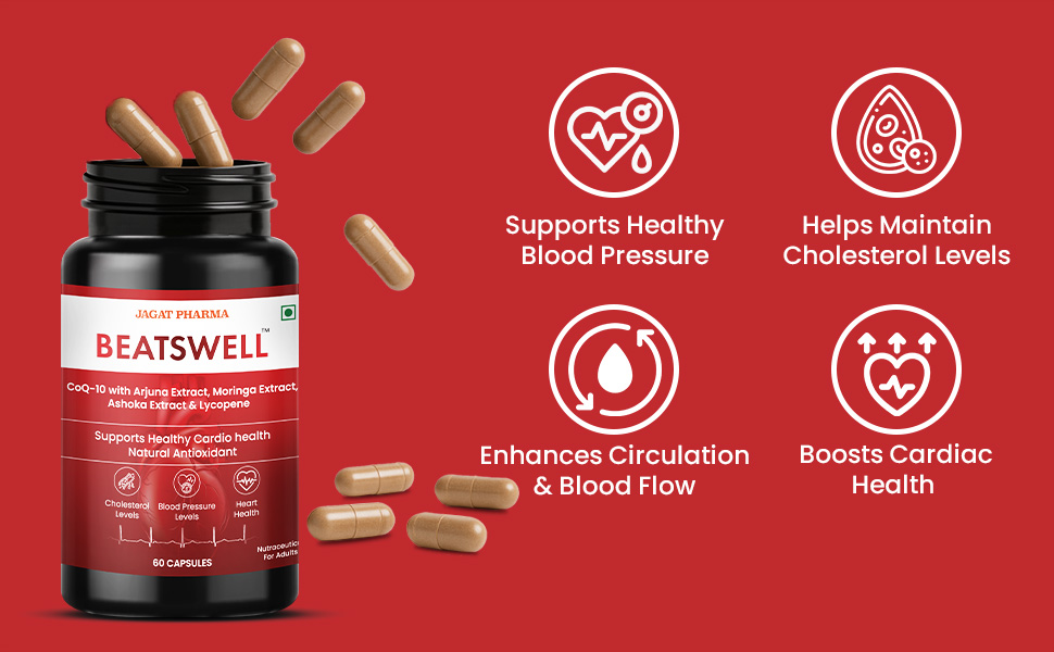 Jagat Pharma Beatswell – Heart Health Supplement with Arjuna, CoQ10, Moringa & Lycopene | 60 Capsules | WHO-GMP Certified | Lab Tested | Natural Cardio Support