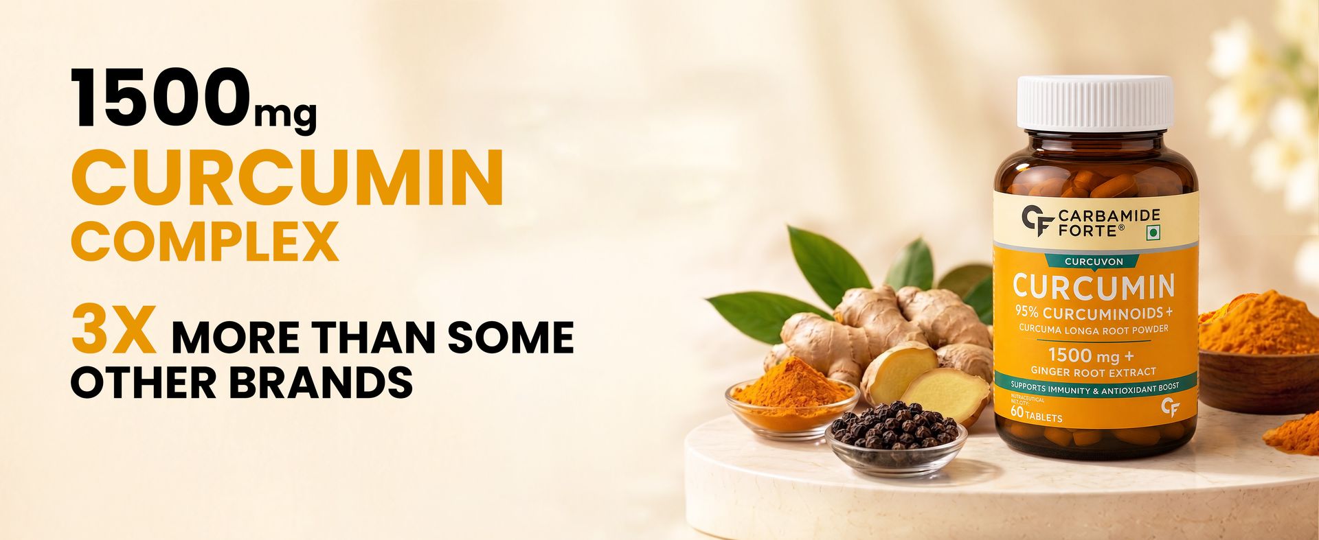 Carbamide Forte Curcumin With Piperine Tablets With 95% Curcuminoids | Immunity Boosters Tablet For Adults With Curcuma Longa, Turmeric Powder & Ginger 60 Veg Tablets (Pack Of 2)