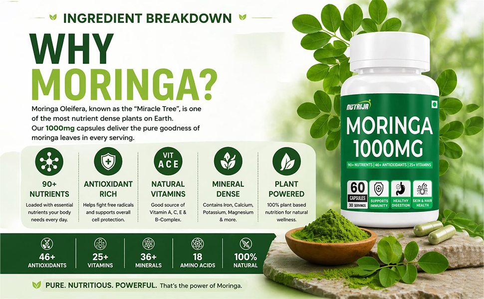 NutriJa Moringa 1000mg with Chromium Picolinate - 60 Veg Capsules | Supports Daily Nutrition, Digestion & Immunity | Herbal Wellness Supplement | 30 Servings