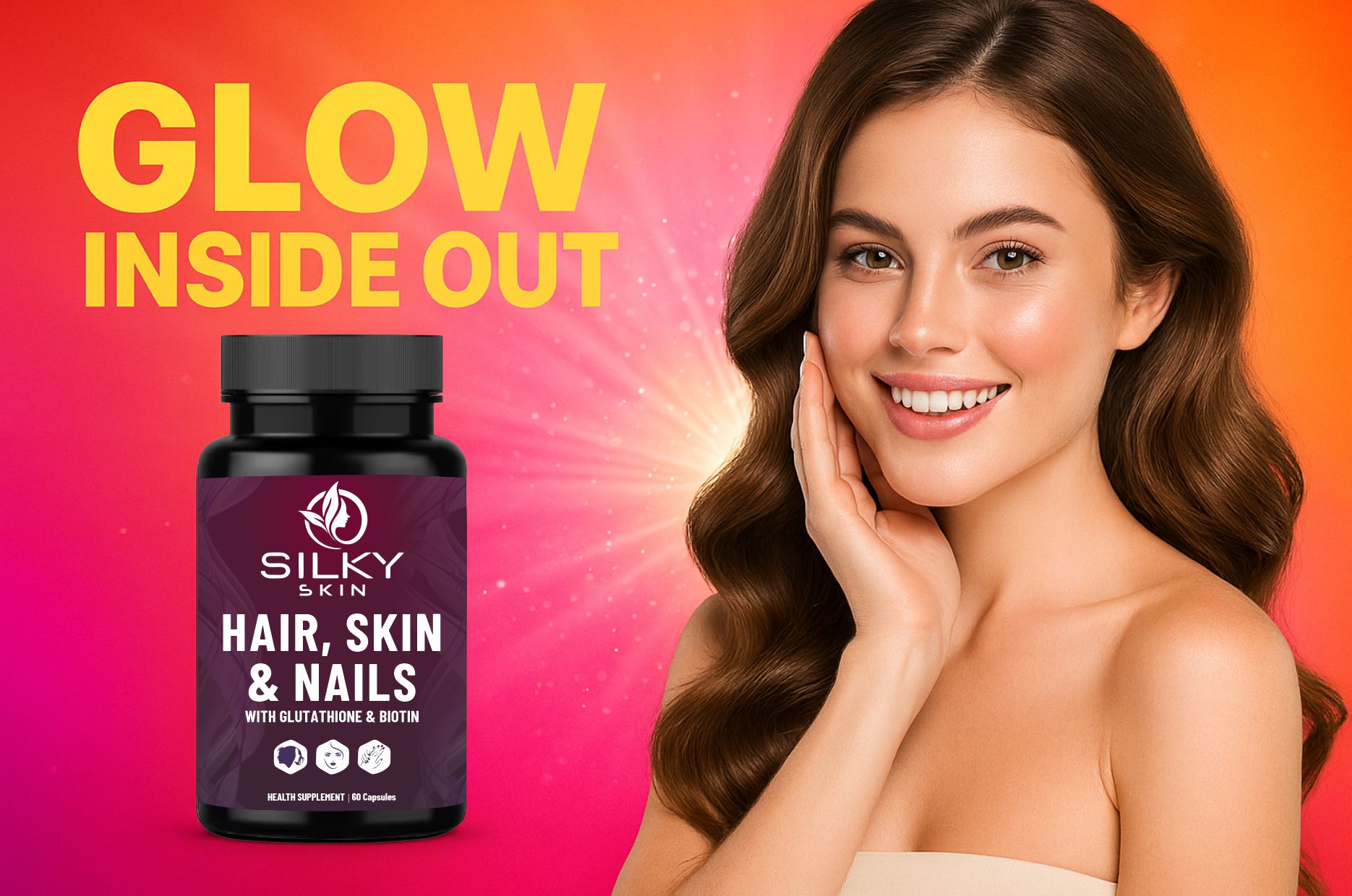 Silky Skin Hair, Skin & Nails with Glutathione & Biotin | Vitamins A, C, E, D3,K2, Zinc & Grape Seed Extract | 60 Caps | For Skin Radiance, Strong Nails & Healthy Hair