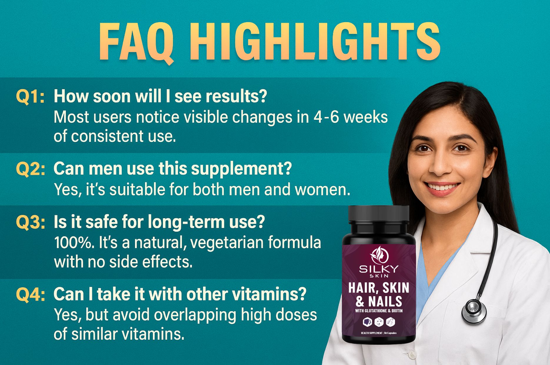 Silky Skin Hair, Skin & Nails with Glutathione & Biotin | Vitamins A, C, E, D3,K2, Zinc & Grape Seed Extract | 60 Caps | For Skin Radiance, Strong Nails & Healthy Hair