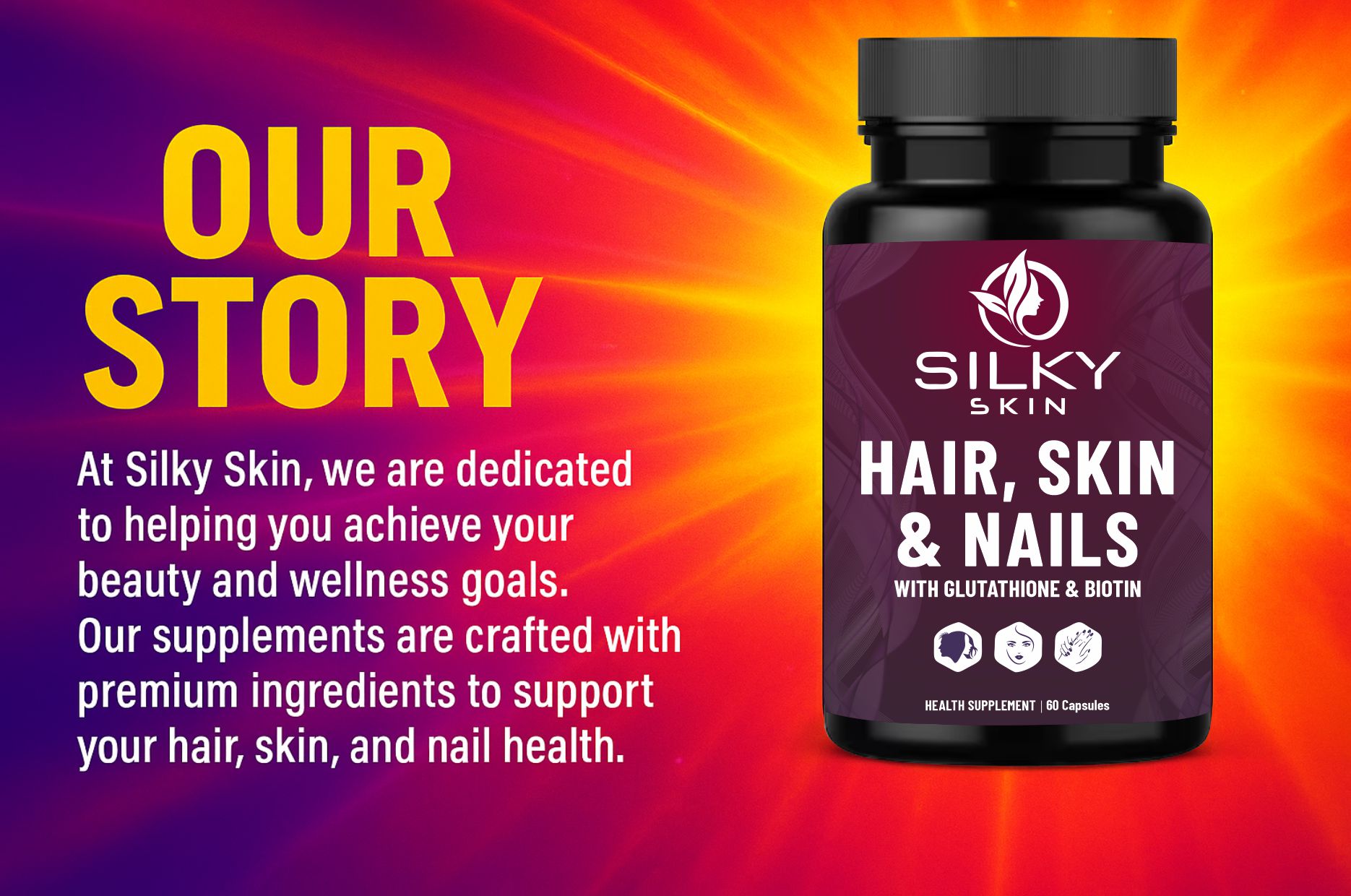 Silky Skin Hair, Skin & Nails with Glutathione & Biotin | Vitamins A, C, E, D3,K2, Zinc & Grape Seed Extract | 60 Caps | For Skin Radiance, Strong Nails & Healthy Hair