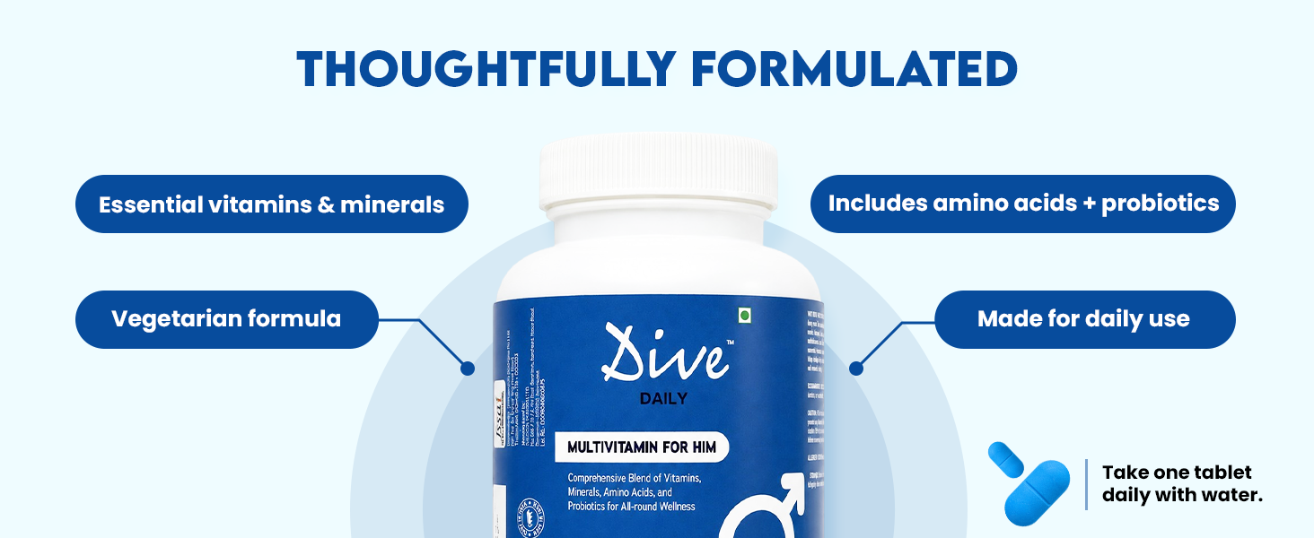 Dive Daily Multivitamin for Men | Daily Men's Multivitamin with Vitamins, Minerals, Amino Acids, Probiotics & Enzymes | Supports Energy, Stamina, Recovery, Immunity & Gut Health | 60 Tablets