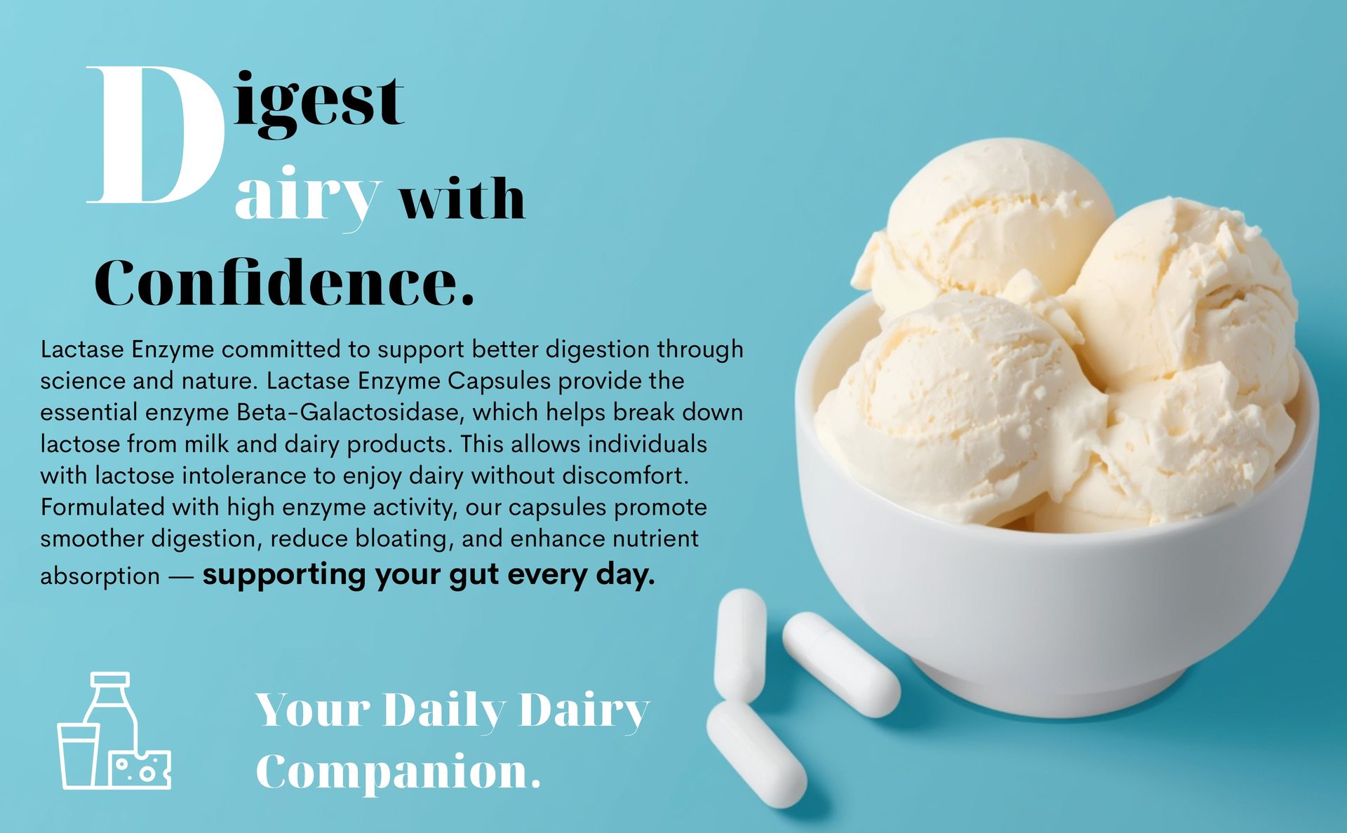 Lactase Enzyme 60 Vegetarian Capsules-9000 FCC ALU | Supports Lactose Digestion | Dairy Relief Supplement | Fast-Acting, Non-GMO, Gluten-Free |