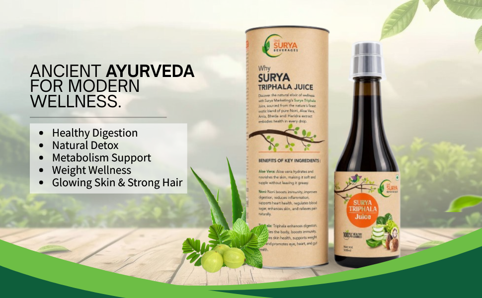 Surya Triphala Juice, Ayurvedic Detox Drink with Harad, Baheda, Amla, Noni and Aloe Vera, 500ml