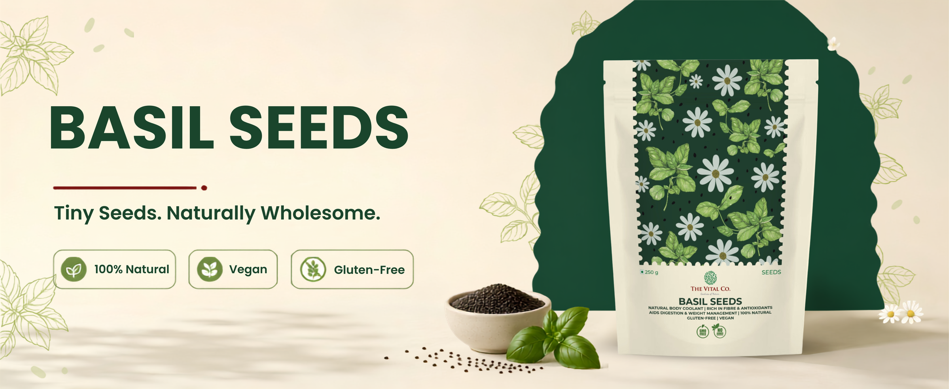 The Vital Co Sabja Seeds 250g | Basil Seeds Tukmaria for Falooda Drinks Desserts | High Fibre Natural Cooling Superfood | Healthy for Digestion Weight Management