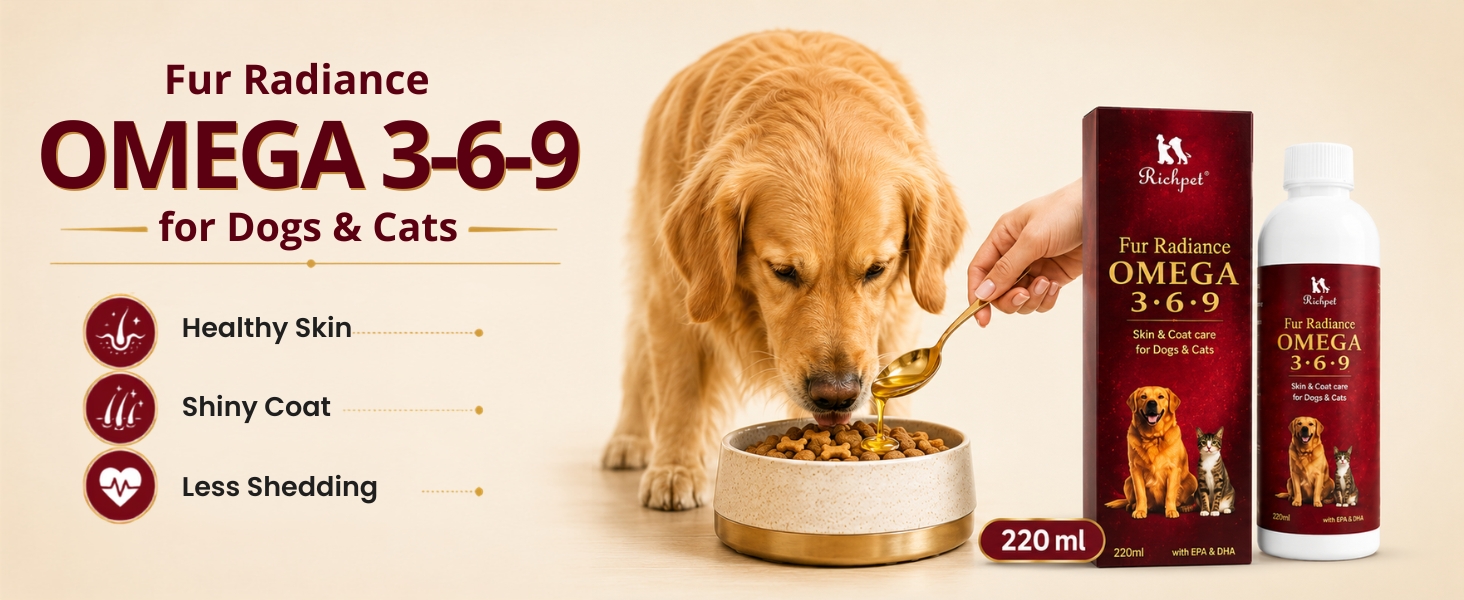 Fur Radiance Omega 369 for Dogs & Cats (220 ml), Dog Skin and Coat Supplement with EPA DHA, Omega 3 6 9 Liquid Formula, Vitamins, Biotin & Zinc for Healthy Skin, Shiny Coat & Reduced Shedding