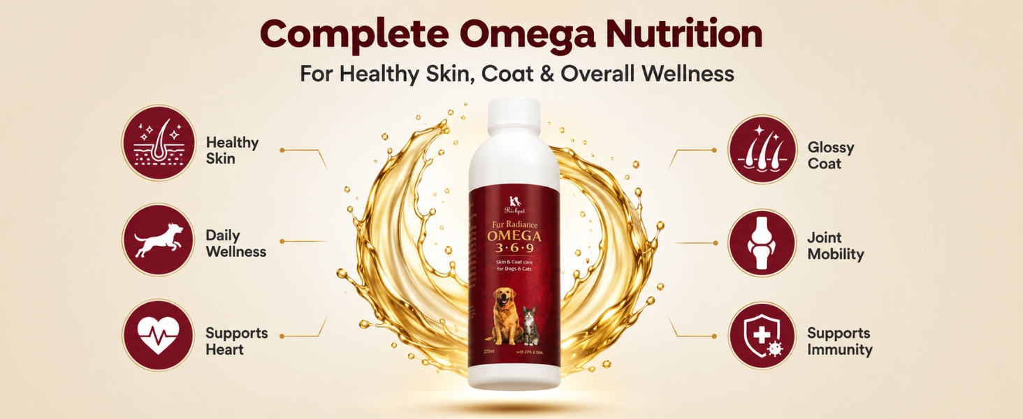 Fur Radiance Omega 369 for Dogs & Cats (220 ml), Dog Skin and Coat Supplement with EPA DHA, Omega 3 6 9 Liquid Formula, Vitamins, Biotin & Zinc for Healthy Skin, Shiny Coat & Reduced Shedding