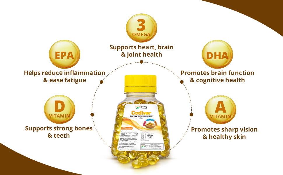 Healing Pharma - Codiver Cod Liver Oil Capsules Omega 3 Supplement | Sea Cod Liver Oil- 300mg | Omega3 FishOil with EPA & DHA + Vitamin A & D Supplement - 100 Caps