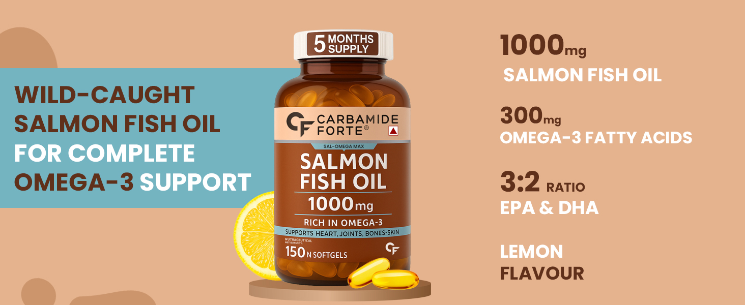 Carbamide Forte Salmon Fish Oil Omega 3 Capsule 1000 mg | 90 Softgel Capsules | EPA 180 mg & DHA 120 mg | Supports Heart, Joints, Bones & Skin (Pack of 3)