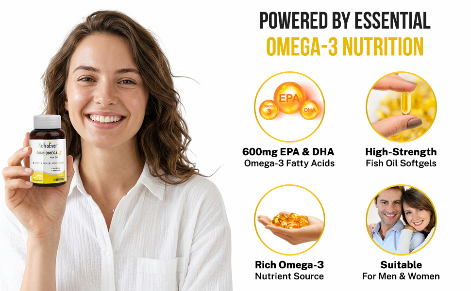 Omega 3 Fish Oil Capsules | 600mg EPA & DHA Omega-3 Fatty Acids | Supports Heart, Brain, Eye & Joint Health | Fish Oil Softgel Supplement for Men & Women | 30 Capsule Pack of-1