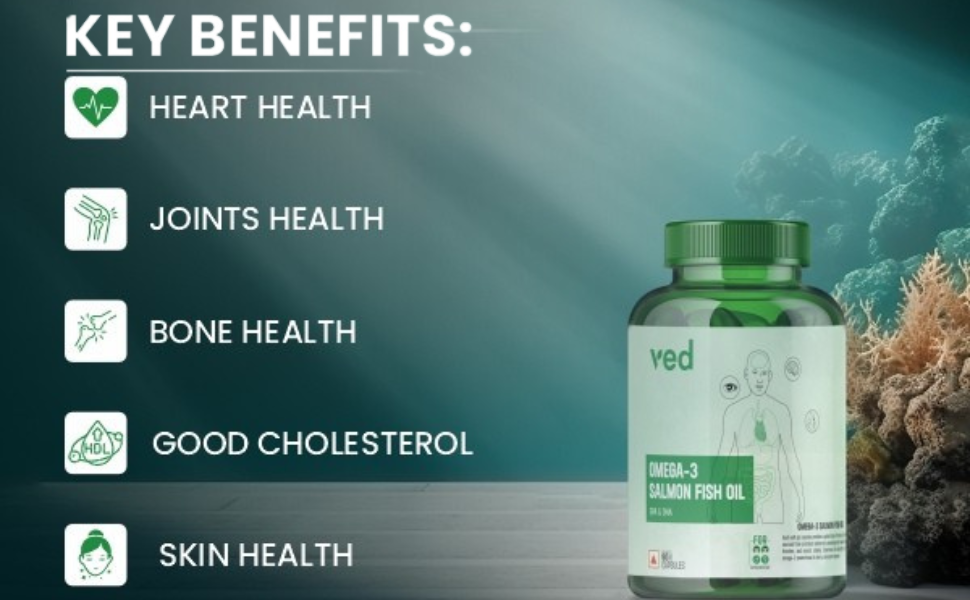Vedayu Salmon Fish Oil Omega 3 Capsule 1000mg – Omega-3 Supplement with Salmon Oil for Heart & Brain Health - 30 Softgels Capsules