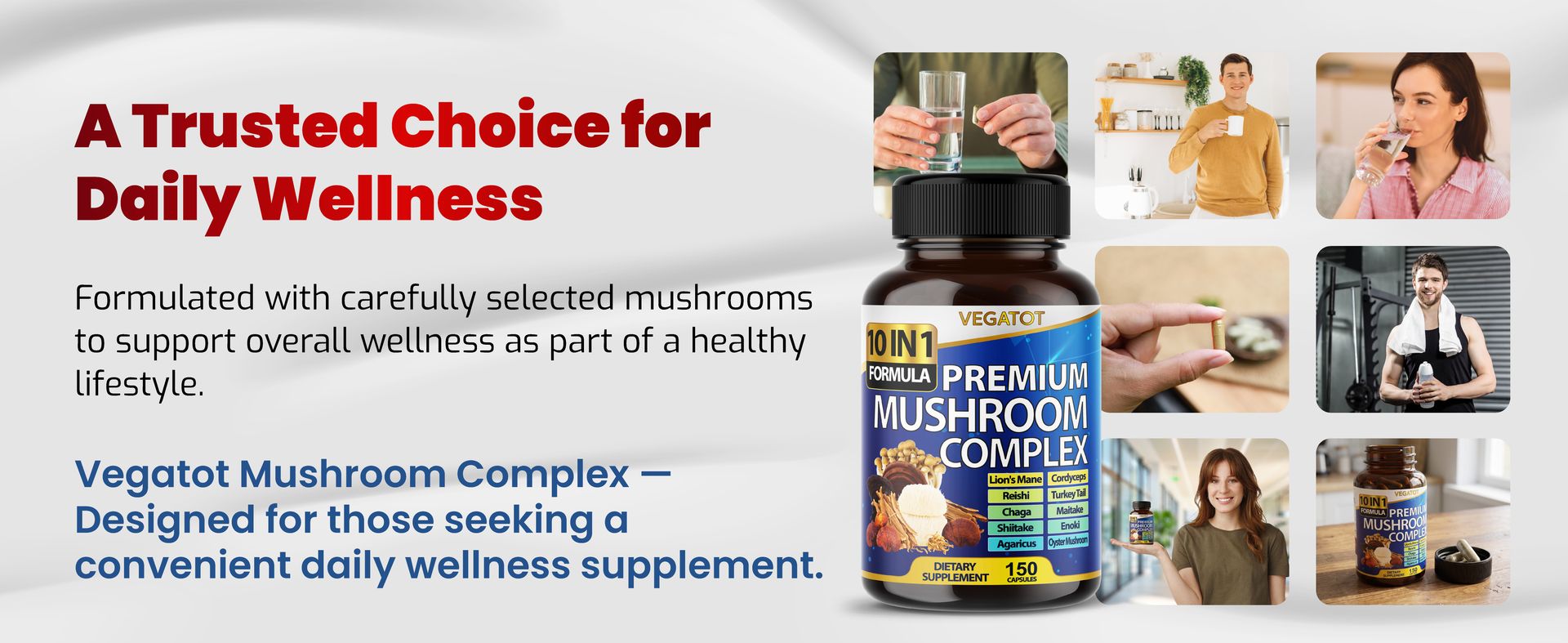 Vegatot Premium Mushroom Complex 10-in-1 with Lion's Mane, 150 Capsules