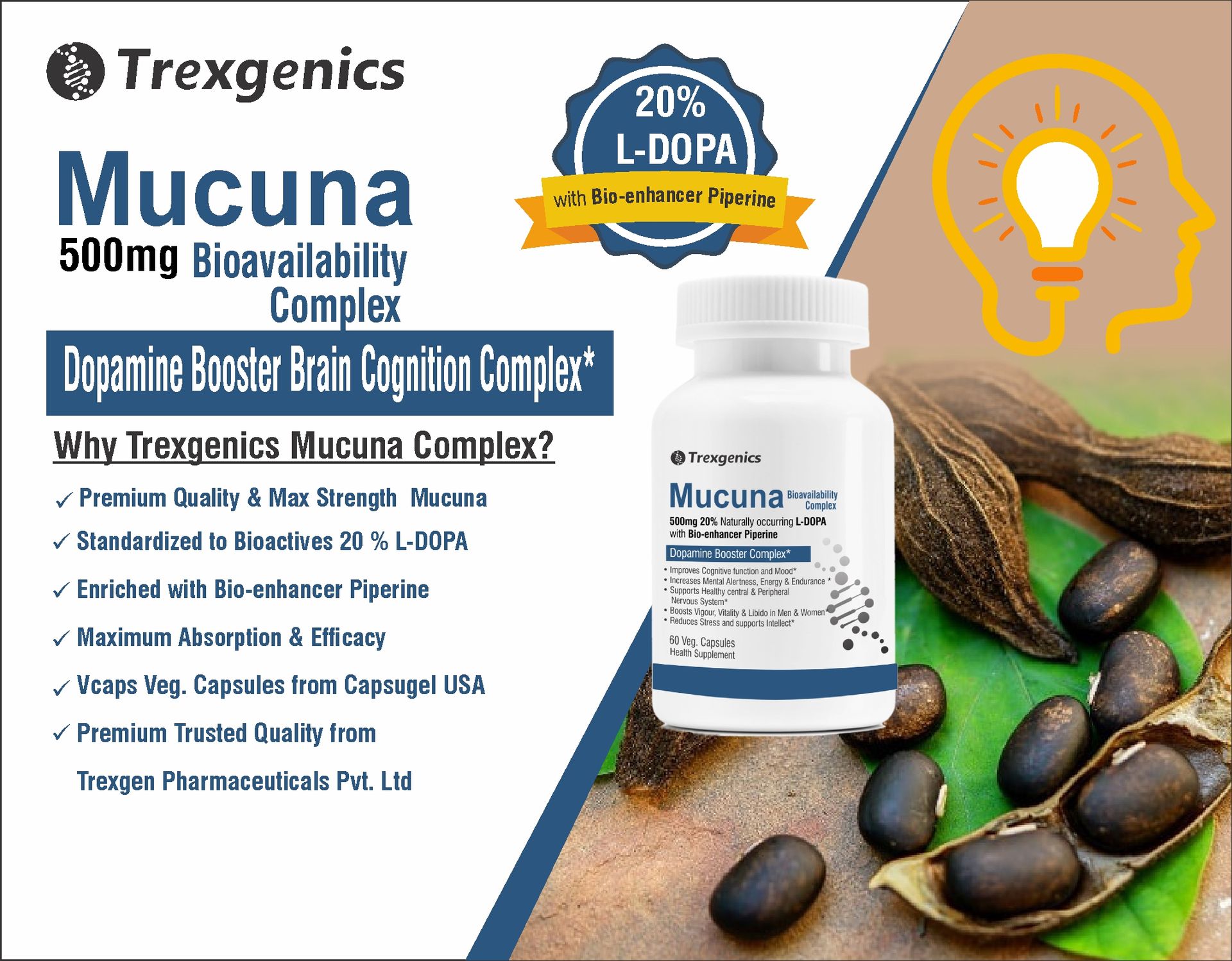 Trexgenics MUCUNA (20% L-Dopa) Pruriens (Kapikachhu) 500mg with Bio-enhancer Piperine 5mg Dopamine Booster Complex, Brain function, Nervous System (60 Vcaps) (1)