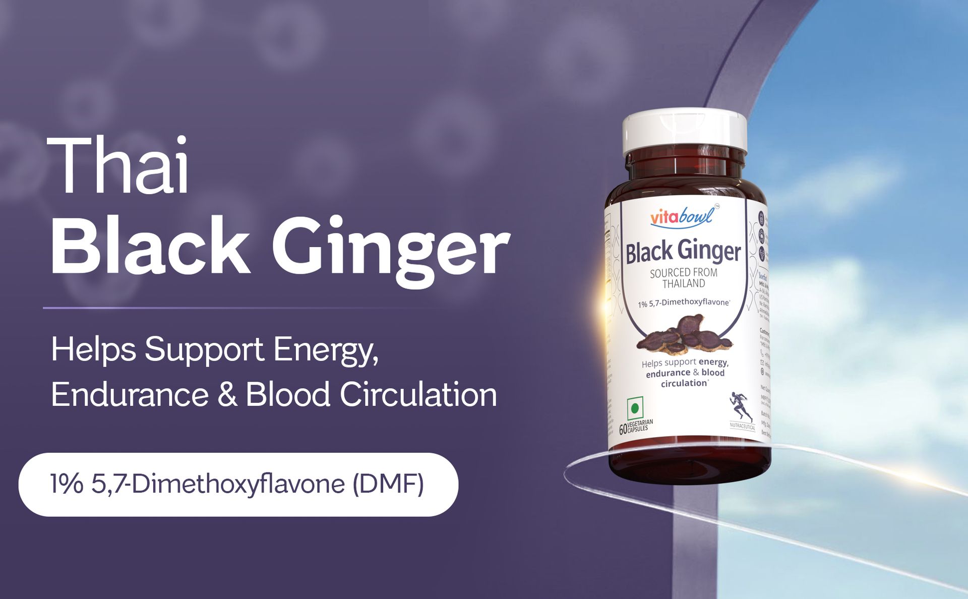 Black Ginger Capsules 1400 mg | Contains 1% DMF (5,7-Dimethoxyflavone) | Thailand-Sourced Kaempferia Parviflora for Energy, Endurance, Blood Circulation & Metabolism (60 Capsules)