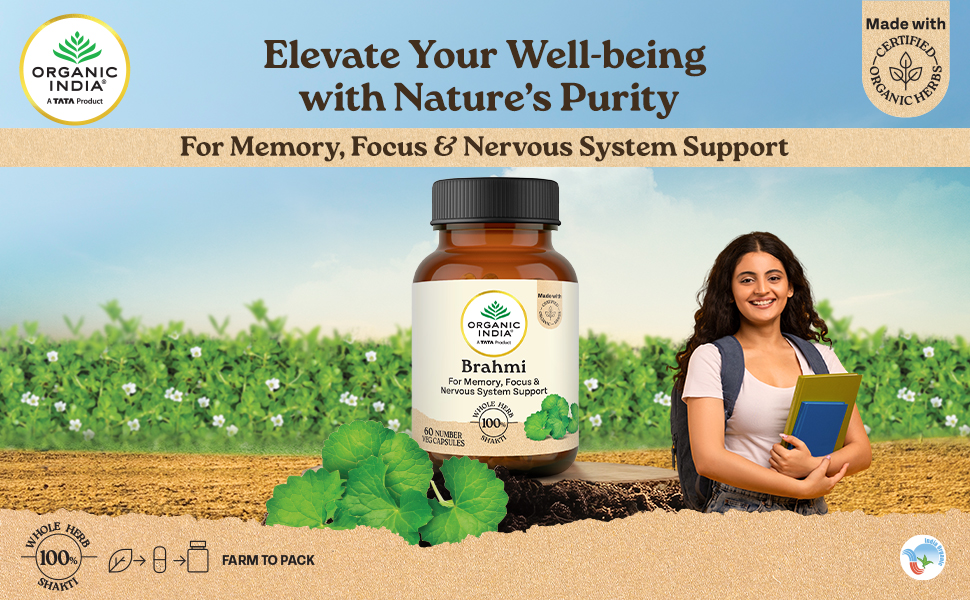 A TATA Product - Organic India Brahmi - 180 Veg Capsules, Naturally Promotes Concentration & Memory, Mental Fitness, Reduces Stress & Anxiety, GMP & NPOP Certified Organic