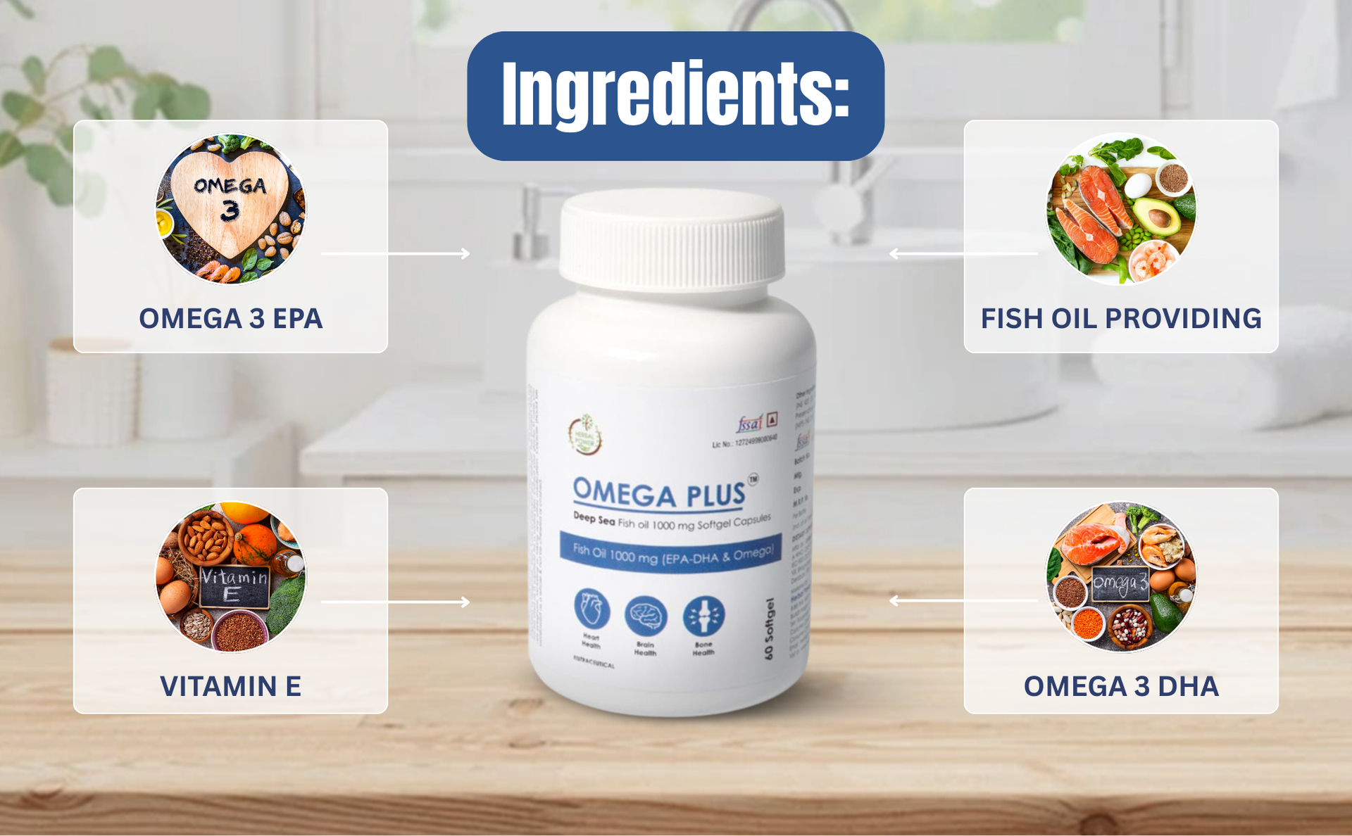 Omega Plus Softgel Capsules | Omega 3-6-9 with EPA, DHA & Vitamin E | Heart, Brain, Joint & Immunity Wellness | 60 Softgels