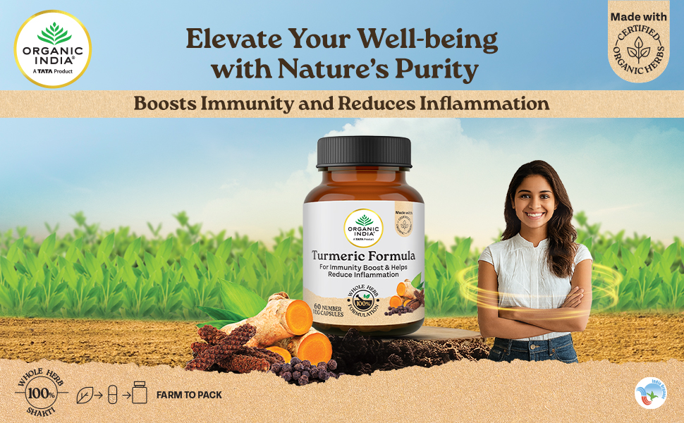 A TATA Product - Organic India Turmeric Formula - 60 Veg Capsules, Natural Anti-Inflammatory, Enhance Immunity, Liver Functions, Improves Metabolism, Skin, Bone & Joint Health, GMP & NPOP Certified
