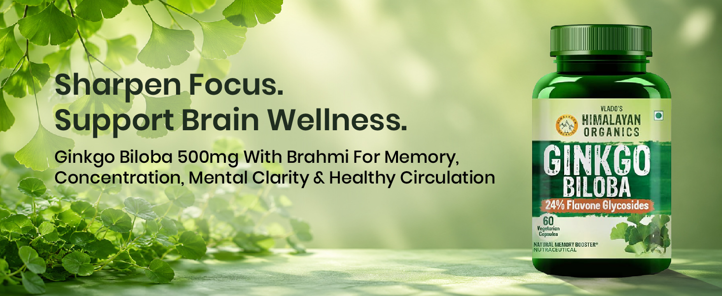 Vlado’s Himalayan Organics Ginkgo Biloba 500mg With Brahmi for Better Concentration, Memory & learning | Helps Anxiety & Stress | Healthy Blood Circulation - 60 Veg Capsules