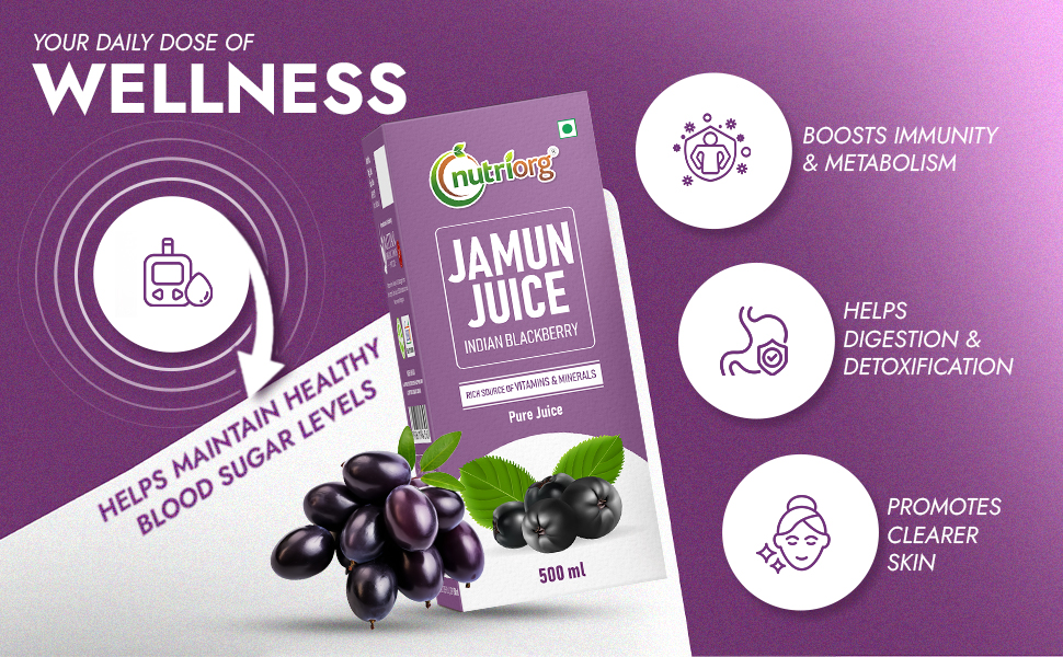 Nutriorg Jamun Juice | 500 ml | Pure Jamun Juice for Diabetes Care | Controls Blood Sugar Levels | Blood Purification | No Added Sugar, Preservatives, or Colors
