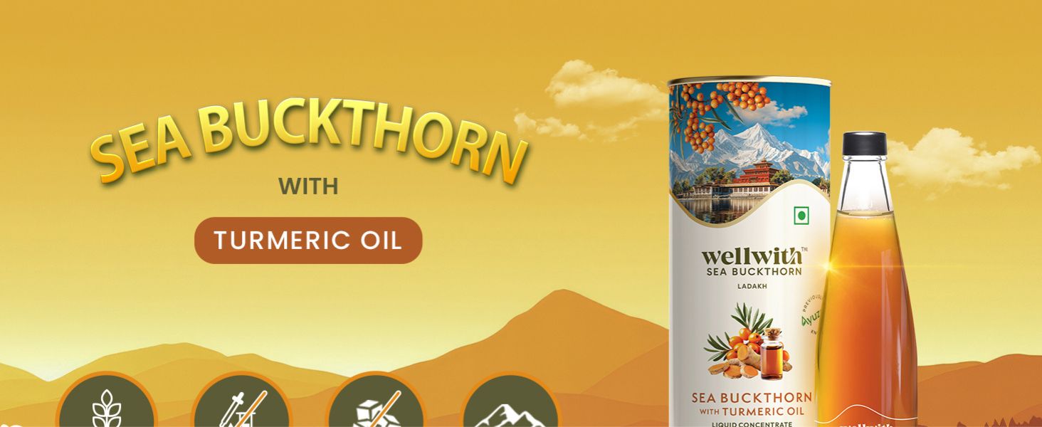 Wellwith by Ayuzera Turmeric Curcumin Oil with Sea buckthorn Berry Pulp 300ml | Kidney Detox | Hormonal Support and Skin Health Supplement | Ayurvedic and Natural, Makes 50 Glass Juice (Pack of 1)