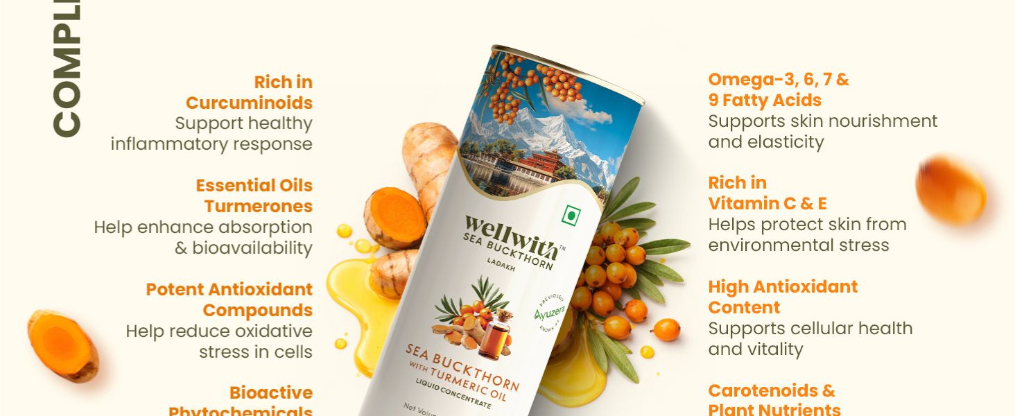 Wellwith by Ayuzera Turmeric Curcumin Oil with Sea buckthorn Berry Pulp 300ml | Kidney Detox | Hormonal Support and Skin Health Supplement | Ayurvedic and Natural, Makes 50 Glass Juice (Pack of 1)