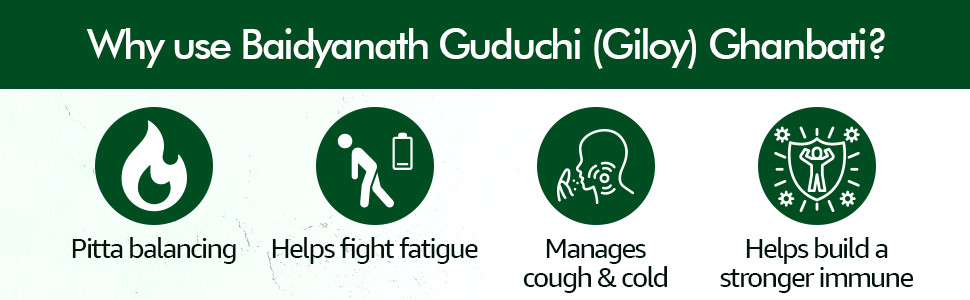 Baidyanath Giloy Ghan Bati 60 Tablets | Boosts Immunity & Digestion | Ayurvedic Guduchi Tablets for Fever, Detox, Acidity & Skin | Herbal Supplement for Health & Wellness | (Pack of 2)