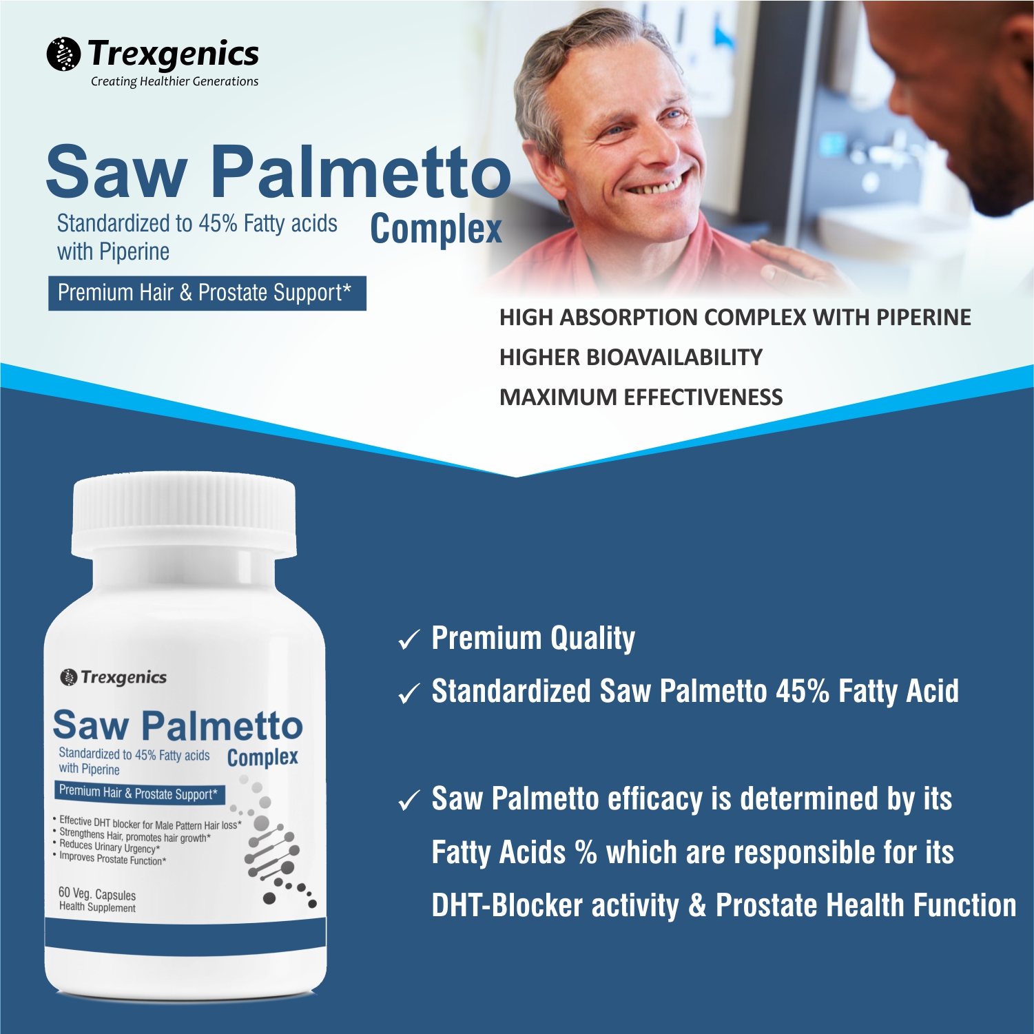 Trexgenics SAW PALMETTO Advanced - High Strength 45% Complex 550 mg with Bio-enhancer Piperine - Hair DHT Blocker & Prostate Support (60 Veg. Capsules) (1)