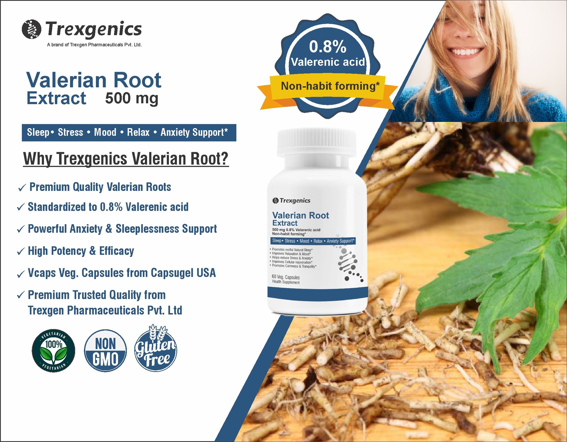 Trexgenics® VALERIAN Root 500mg Standardized (0.8% Valerenic acid) Sleep, Stress,Mood,Relax, Migraine, Anxiety Support (60 Veg capsules)