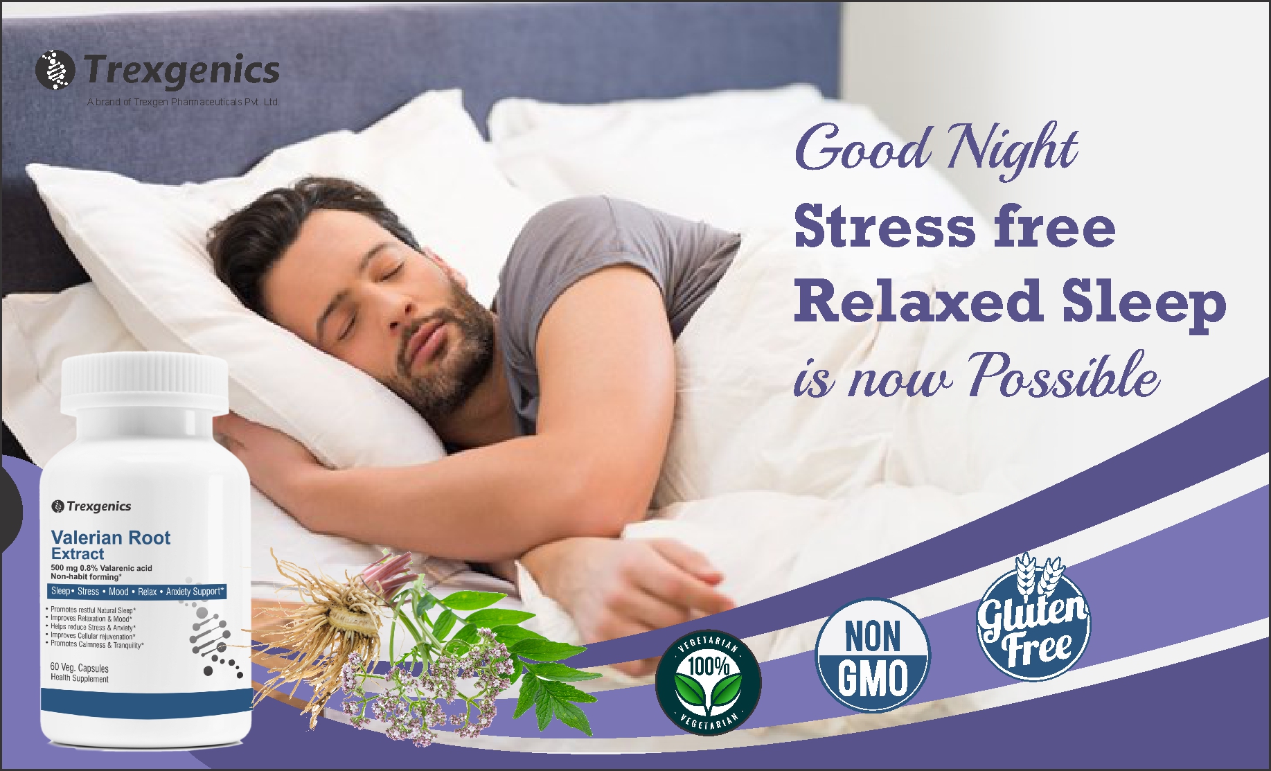 Trexgenics® VALERIAN Root 500mg Standardized (0.8% Valerenic acid) Sleep, Stress,Mood,Relax, Migraine, Anxiety Support (60 Veg capsules)