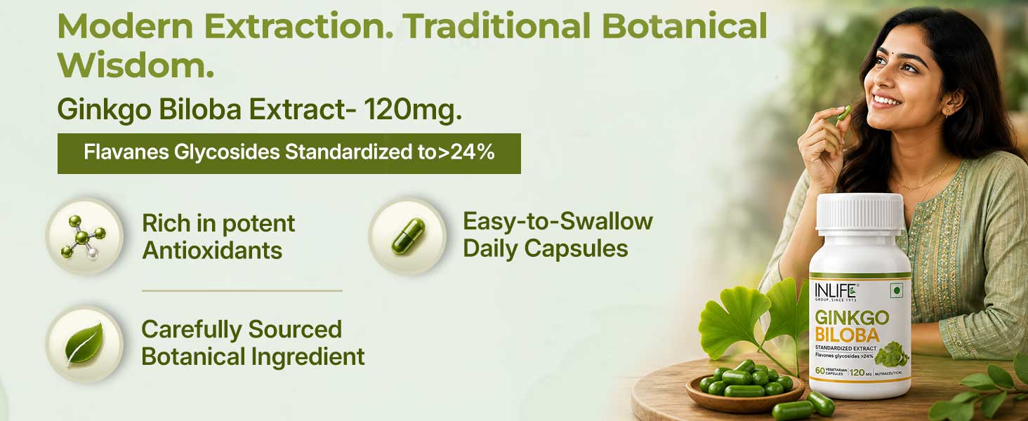 INLIFE Ginkgo Biloba Extract 120mg Nootropic Capsules for Memory, 60 Count