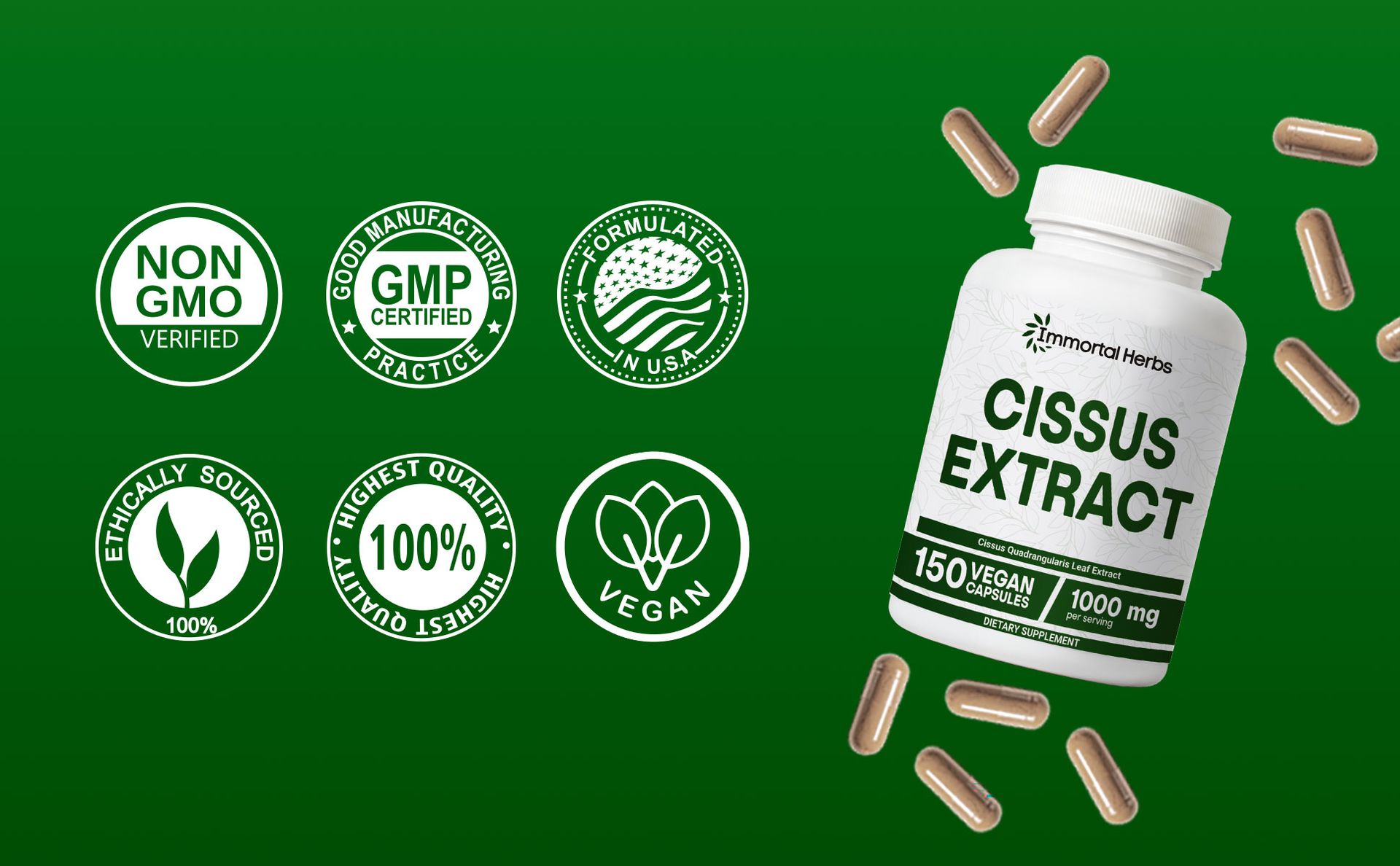 Cissus Quadrangularis Supplement 1000mg, 150 Pills, Pure Extract Powder with 40% Ketosterones, Non-GMO and Gluten-Free Cissus Extract Capsules for Men and Women