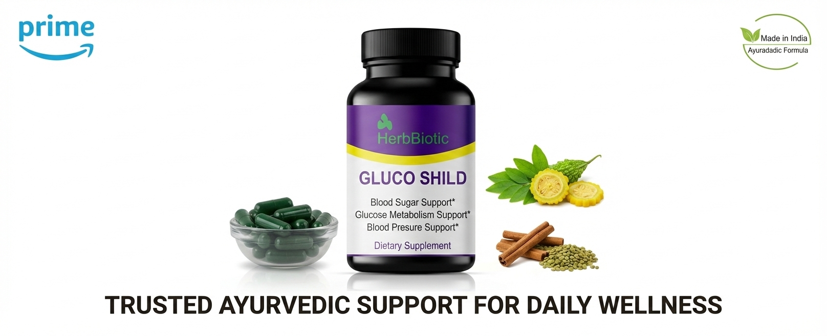 Gluco Shild Sugar Balance Capsules | Herbal Diabetes Support Supplement for Glucose Metabolism & Insulin Health | With Gudmar, Karela, Haridra, Amla, Neem – 60 Capsules | gluco shield herb biotic