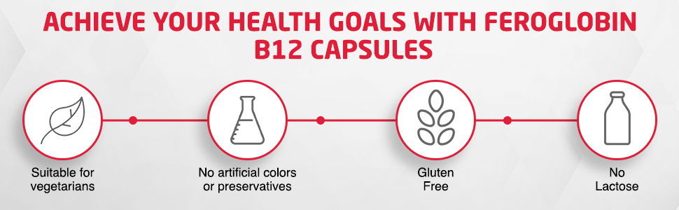 Feroglobin B12 Capsules for Iron, Haemoglobin & Red Blood Cell Formation (Monthly Pack) | Iron, Folic Acid, Vitamin B12, B6 & Zinc | Supports Energy Release & Vitality | Gluten Free | 30 Capsules