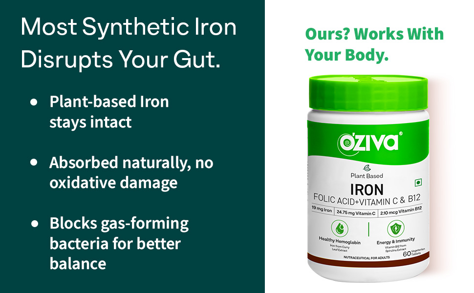 OZiva Iron Supplement with Folic Acid, Vitamin C & B12 | Supports hemoglobin, energy & immunity | For Men & Women - 60 Tablets