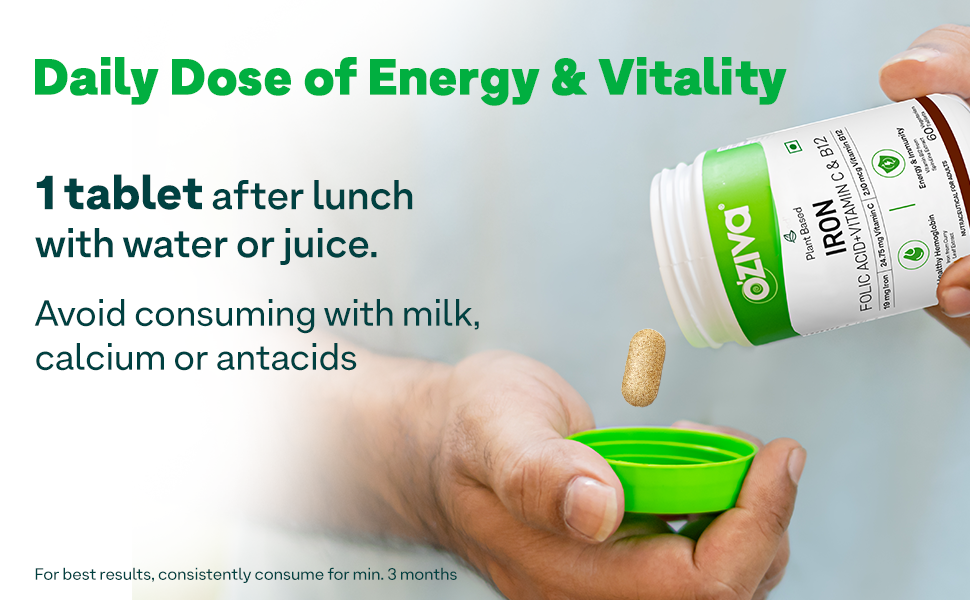 OZiva Iron Supplement with Folic Acid, Vitamin C & B12 | Supports hemoglobin, energy & immunity | For Men & Women - 60 Tablets