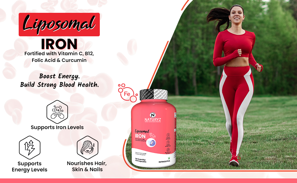 NATURYZ Liposomal Iron Capsules with Folic Acid, Vitamin B12, Vitamin C & Curcuma Longa | Liposomal Technology High Absorption Iron Supplement for Men & Women | Supports Hemoglobin, Energy & Immunity | Gentle on Stomach | 30 Veg Capsules
