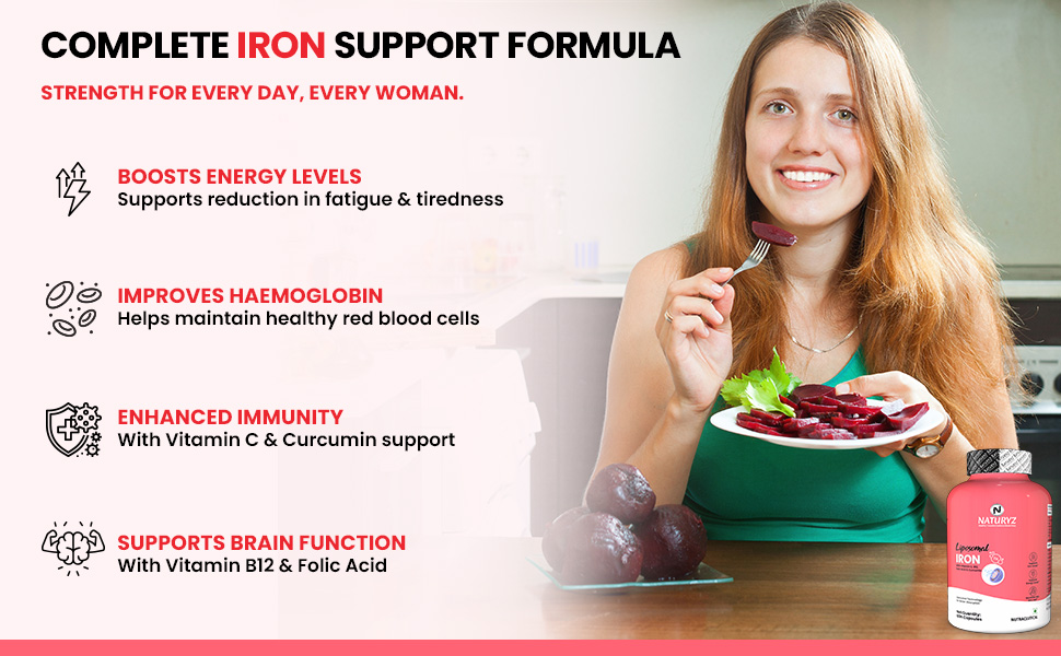 NATURYZ Liposomal Iron Capsules with Folic Acid, Vitamin B12, Vitamin C & Curcuma Longa | Liposomal Technology High Absorption Iron Supplement for Men & Women | Supports Hemoglobin, Energy & Immunity | Gentle on Stomach | 30 Veg Capsules